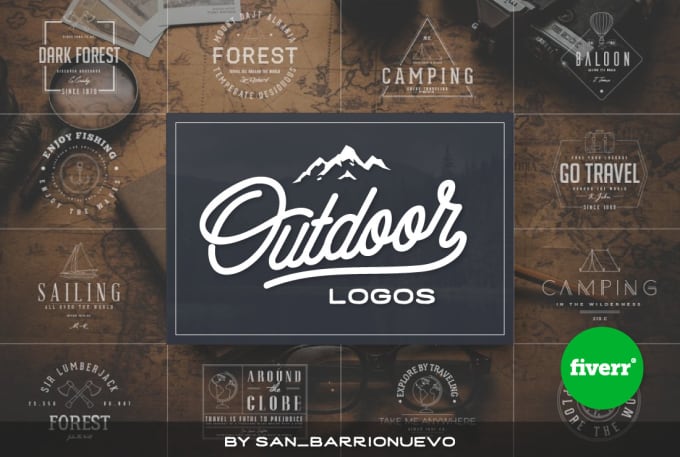 I will create an outdoor adventure logo for your camping hiking hunting fishing brand