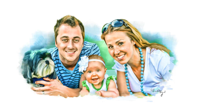 I will draw a family portrait with digital watercolor painting