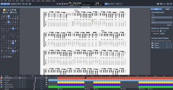 I will create a guitar pro file from a tablature or a sheet music