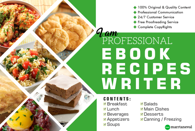 I will create content for recipes or cookbooks as an ebook writer