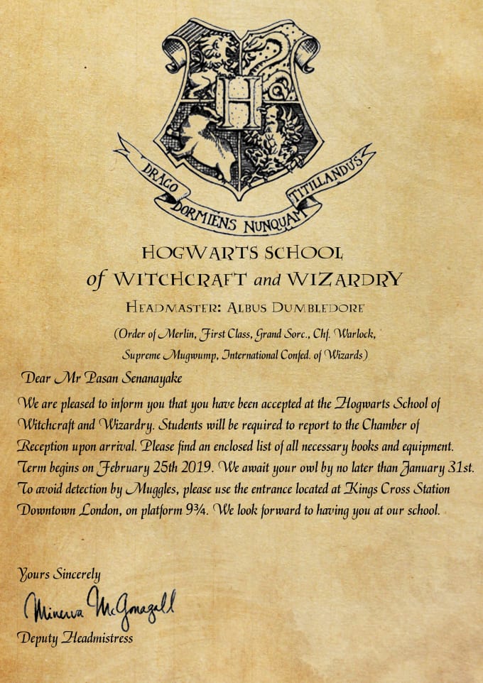 I will create personalized hogwarts acceptance letter