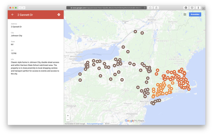 I will visualize locations on a map as pins or dots plus info window