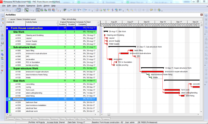 I will do project scheduling and create gantt chart using primavera p6