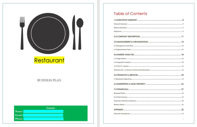 I will send restaurant business plan template with example writing and sample financial