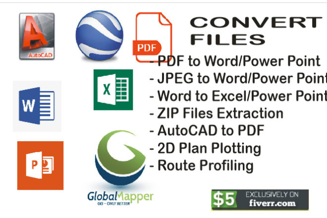 I will assist in fast conversion of any file to pdf, word, kml, kmz files