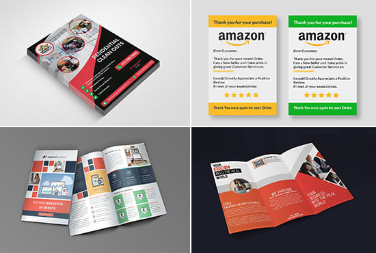 I will design flyer, brochure, and amazon thank you card or product insert