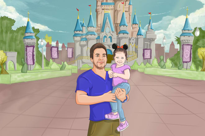 I will draw caricatures using my personal style and apply a personalized background