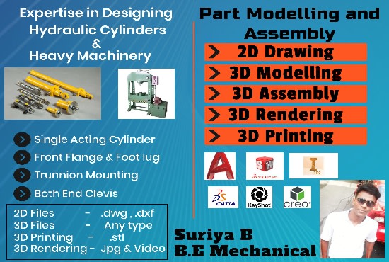 I will 2d and 3d part modelling and assembly hydraulic cylinders and machine parts