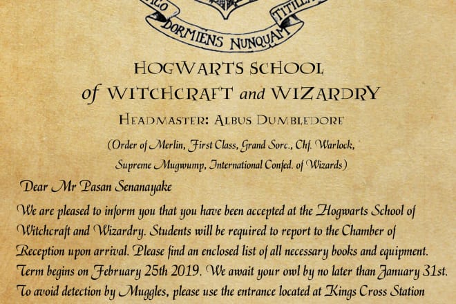 I will create personalized hogwarts acceptance letter