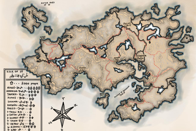 I will design a hand drawn fantasy style map for your world