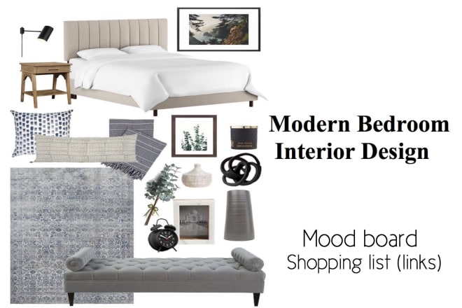 I will design your bedroom,make a mood board and shopping list