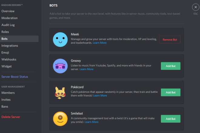I will discord bot management, security, roles, and more