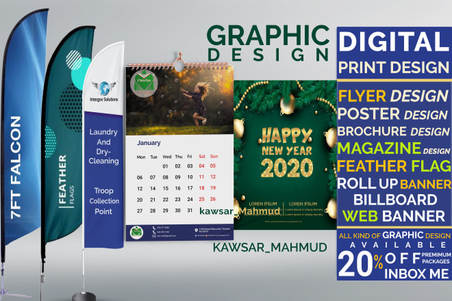 I will do flyer, magazine, brochure, poster, feather flag, calendar, booklet, catalog,