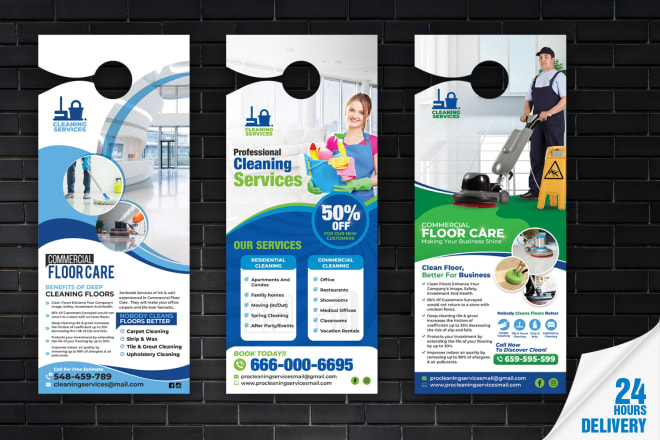 I will do professional cleaning service door hanger, rack card, dl flyer in 24hr