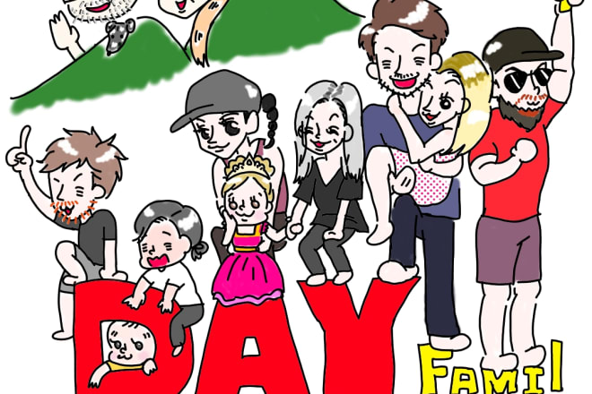 I will draw a cute cartoon picture of couples, families and pets