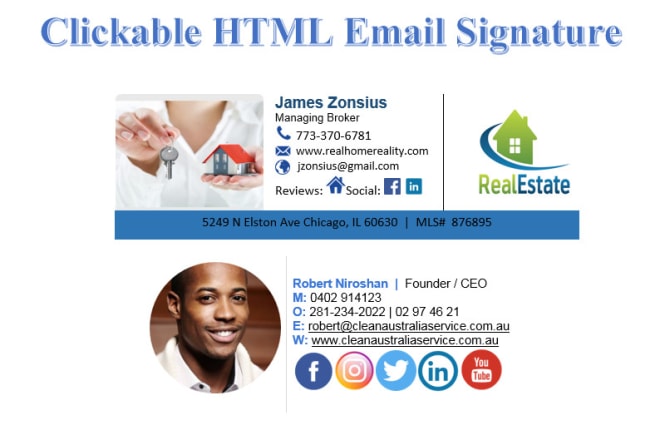 I will create clickable HTML email signatures for gmail etc