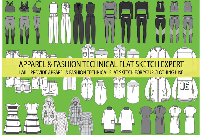I will create technical flat sketch drawing cad mockup for clothing line