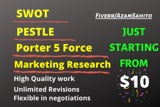 I will write swot, pestle, porter 5 analysis, and market research