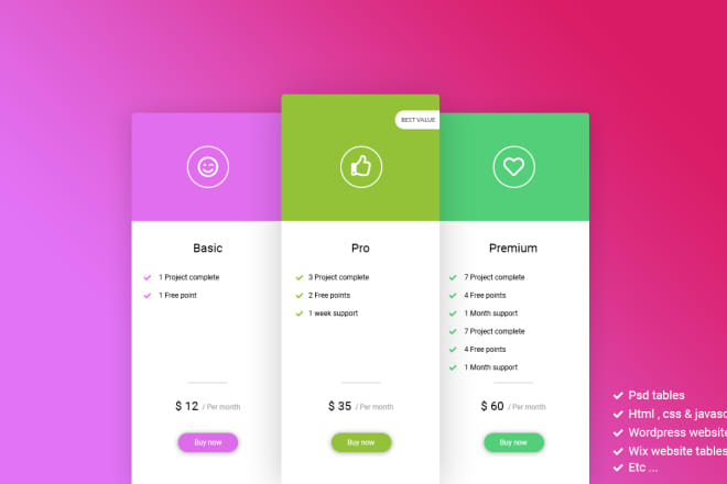 I will create professional pricing table