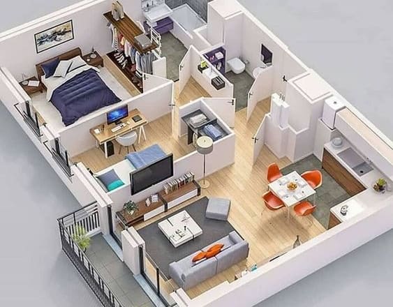 I will model a 3d floor plan rendering with texture and furniture