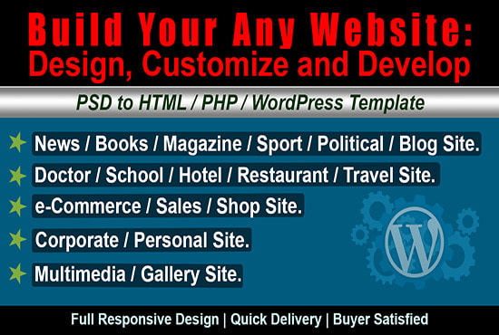 I will build responsive wordpress website, design, theme customize