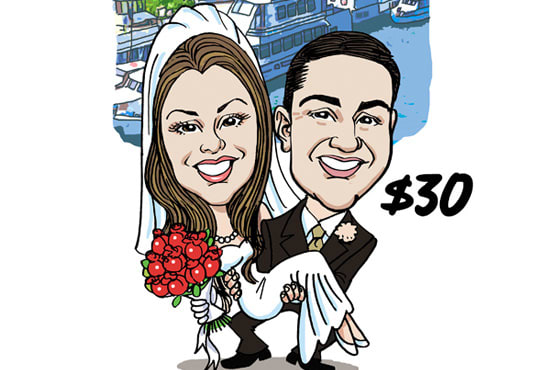 I will caricature couple in wedding themed color