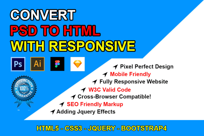 I will convert psd ai pdf to html css bootstrap website