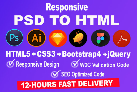 I will convert psd to html, xd to html, sketch responsive bootstrap 4