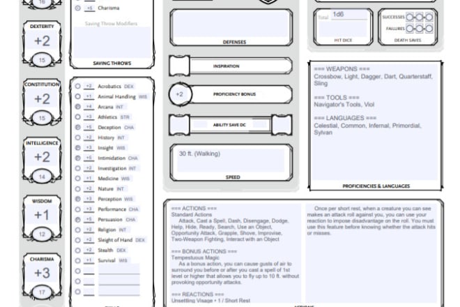 I will create a 5e dungeons and dragons character sheet