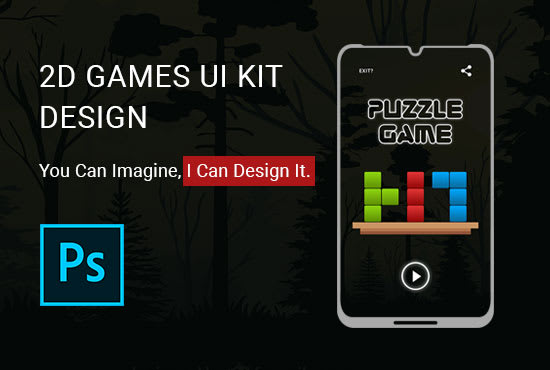 I will create game design UI, game logo, game buttons, objects and environment