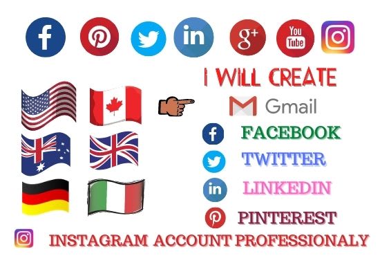 I will create gmail, facebook, twitter, linkedin, youtube account
