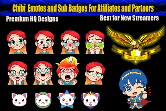 I will design custom twitch emotes,twitch badges,twitch sub badges in chibi style