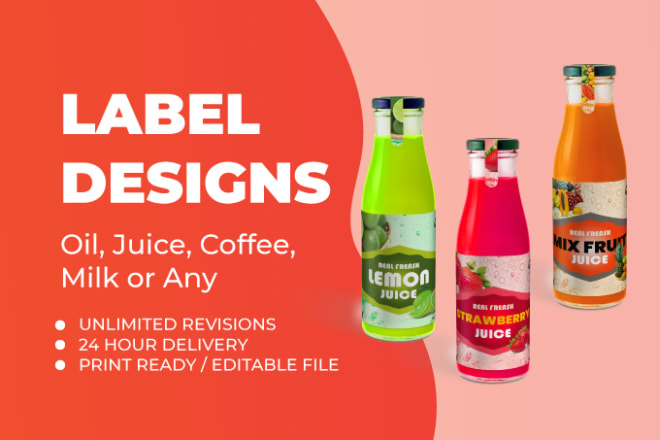 I will design oil, juice, coffee, milk bottle or packets labels