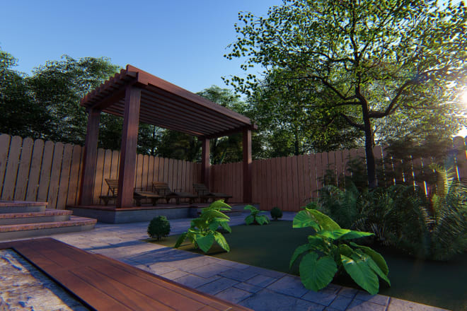 I will design your landscape, garden, backyard, patio, terrace with 3d realistic views