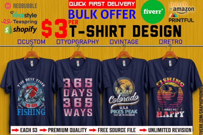 I will do awesome bulk t shirt design for your online pod business