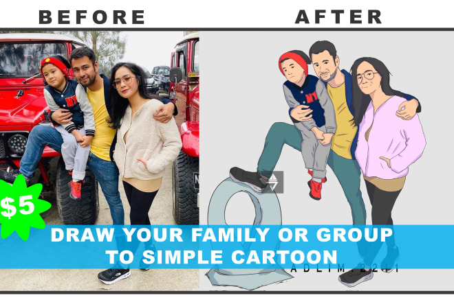 I will draw your team, group or family to simple cartoon