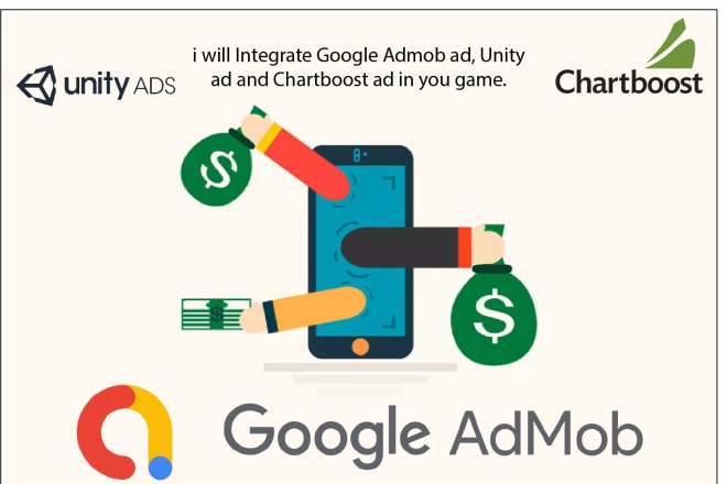 I will integrate admob, chartboost, and unityads in your unity game