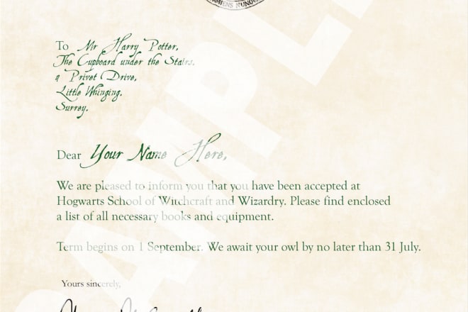 I will make you a custom harry potter hogwarts acceptance letter