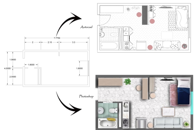 I will design, furnish and render 2d plans using autocad and adobe photoshop