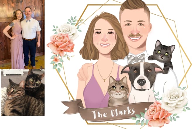I will draw a cute portrait illustration for couple, family, wedding, anniversary gift