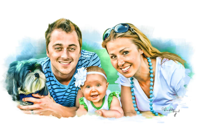 I will draw a family portrait with digital watercolor painting