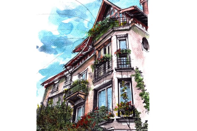I will hand draw architectural sketches of buildings exterior views with watercolor