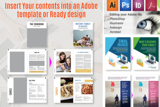 I will insert your contents into ps,ai,indd,PDF ready template file professionally