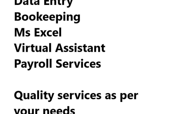I will provide accountantcy bookkeeping data entry excel virtual assistant services