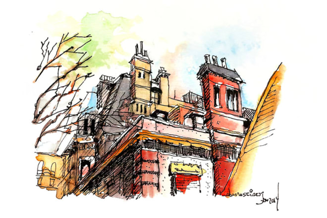 I will sketch your city scene in pen, ink and watercolor