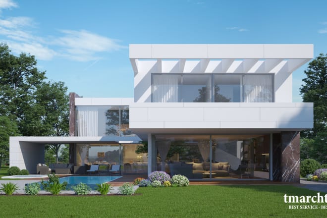 I will create 3d model and render exterior with landscape