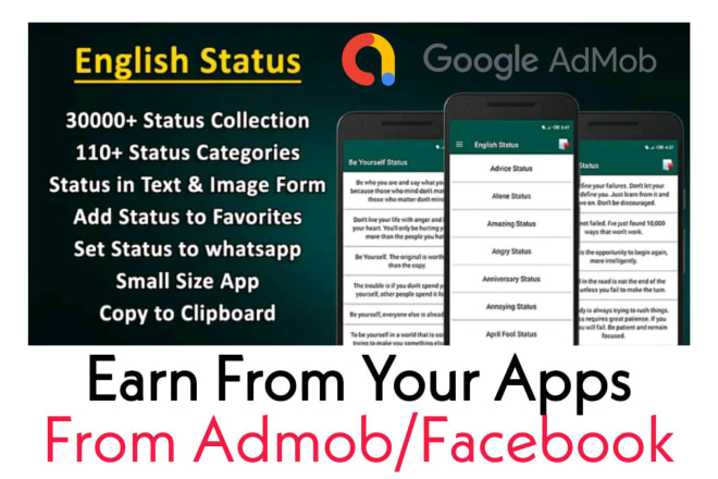 I will create status or shayari apps with admob or facebook ads ready to published
