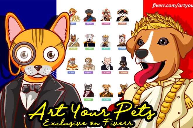 I will create cartoon vector pet illustration for your animal with royal style clothes