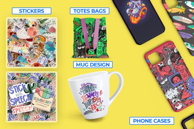 I will design paper ceramic coffee cup, mug, sticker, hat, phone case, totes and bags