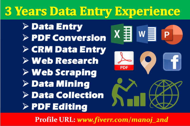 I will do data entry, web research, pdf conversion, data scraping, data collection